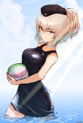 Rule 34 | 10s, 1girl, adapted uniform, alternate hairstyle, artist name, ball, beachball, black hat, blue eyes, blue sky, blush, closed mouth, cloud, cloudy sky, commentary, day, dress, emblem, frown, garrison cap, girls und panzer, half-closed eyes, hat, holding, itsumi erika, kuromorimine military uniform, light blush, long hair, looking at viewer, military hat, mityubi, one-hour drawing challenge, outdoors, short dress, short ponytail, silver hair, sketch, sky, sleeveless, sleeveless dress, solo, standing, sunlight, wading