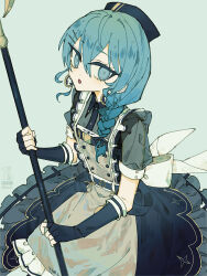 Rule 34 | 1girl, 3pel1, :o, alternate costume, alternate hairstyle, apron, artist name, bardiche (weapon), black dress, black gloves, blue background, blue eyes, blue hair, blue hat, braid, buttons, chest belt, collared dress, dot nose, double-breasted, double-parted bangs, dress, earrings, elbow gloves, english text, fingerless gloves, gloves, grey apron, hair between eyes, hair ornament, hair over shoulder, hairclip, hat, highres, holding, holding weapon, hololive, hoshimachi suisei, hoshimachi suisei (maid), jewelry, long hair, maid, nurse cap, official alternate costume, official alternate hairstyle, open mouth, polearm, puffy short sleeves, puffy sleeves, see-through, see-through sleeves, short sleeves, side braid, signature, single braid, solo, twitter username, virtual youtuber, weapon