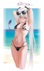 Rule 34 | 1girl, absurdres, armpits, arms behind head, artist name, beach, bikini, black bikini, black bow, blue archive, blush, bow, breasts, closed mouth, cropped legs, demon tail, eyewear on head, feet out of frame, hair bow, hair over one eye, halo, highres, iori (blue archive), iori (swimsuit) (blue archive), long hair, looking at viewer, multi-strapped bikini bottom, navel, official alternate costume, presenting armpit, red eyes, simple background, small breasts, solo, standing, stomach, sugac, sunglasses, swimsuit, tail, twintails, very long hair, white hair