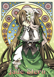 Rule 34 | 1girl, art nouveau, black corset, black ribbon, brown hair, character name, collared dress, commentary request, corset, dress, feet out of frame, flower, frilled dress, frilled shirt collar, frills, green background, green dress, green eyes, hair flower, hair ornament, head scarf, lolita fashion, long dress, long hair, long sleeves, looking down, looking to the side, morinaga hinase, neck ribbon, ribbon, rozen maiden, solo, standing, star (symbol), suiseiseki, very long hair, white flower, white headwear