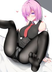 Rule 34 | 1girl, arm support, bare shoulders, black pantyhose, black shirt, black skirt, breasts, closed mouth, clothes lift, collared shirt, commentary request, fate/grand order, fate (series), feet, hair over one eye, heart, highres, jacket, large breasts, leg up, lifted by self, long sleeves, looking at viewer, mash kyrielight, motion lines, necktie, no shoes, off shoulder, open clothes, open jacket, panties, panties under pantyhose, pantyhose, purple eyes, purple hair, red necktie, see-through, shirt, short hair, sitting, skirt, skirt lift, sleeveless, sleeveless shirt, soles, solo, takeyuu, underwear