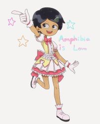 Rule 34 | 1girl, amphibia, black eyes, black hair, bow, bowtie, disney, dress, gloves, hair ornament, hairclip, heart, junsui (omori0310), looking at viewer, magical girl, marcy wu, non-web source, open mouth, pink bow, pink bowtie, pink dress, pointing, puffy sleeves, shoes, short hair, short sleeves, simple background, smile, source request, sparkle, standing, standing on one leg, star (symbol), teeth, waist bow, white background, white footwear, white gloves
