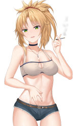 Rule 34 | 1girl, absurdres, bare arms, bare shoulders, belt, black choker, blonde hair, blue shorts, breasts, choker, cigarette, cleavage, cleavage cutout, clothing cutout, cowboy shot, crop top, cutoffs, denim, denim shorts, fate/grand order, fate (series), green eyes, hand on own stomach, highres, holding, jewelry, long hair, looking at viewer, medium breasts, micro shorts, midriff, mordred (fate), mordred (fate/apocrypha), mordred (memories at trifas) (fate), navel, necklace, open mouth, ponytail, raurashun, short shorts, shorts, simple background, sleeveless, smoking, solo, spiked hair, stomach, white background