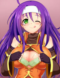 Rule 34 | 1girl, :q, ;q, bad id, bad pixiv id, bra, breasts, center opening, cleavage, detached sleeves, elbow gloves, fingerless gloves, fire emblem, fire emblem: path of radiance, fire emblem: radiant dawn, gloves, green bra, green eyes, headband, lace, lace-trimmed bra, lace trim, large breasts, matanonki, mia (fire emblem), nintendo, one eye closed, open clothes, open shirt, purple hair, shirt, solo, sweat, tongue, tongue out, underwear, upper body, wink