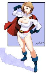 Rule 34 | 1girl, belt, boots, breasts, cape, cleavage, cleavage cutout, clothing cutout, date naoto, dc comics, gloves, highres, leotard, looking at viewer, muscular, power girl, shadow, short hair, superhero costume