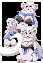 Rule 34 | 1girl, absurdres, alternate color, animal ears, animal nose, arm support, ass, black background, black bra, black panties, blush, body fur, bra, breasts, cinccina (lucyfer), cinccino, cleavage, creatures (company), curvy, embarrassed, furry, furry female, game freak, gen 5 pokemon, gloves, hair ornament, hand on own hip, hands on own chest, highres, huge ass, humanization, large breasts, lingerie, long hair, looking at viewer, looking back, looking to the side, lucyfer, multiple views, navel, nintendo, no humans, open mouth, panties, pokemon, side-tie panties, simple background, sitting, smile, thigh strap, thong, underwear, very long hair