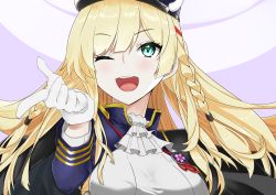 Rule 34 | 1girl, ascot, azur lane, black cape, blonde hair, blue hat, blush, braid, breasts, buttons, cape, chuu (rinet), close-up, fake horns, framed breasts, gloves, gradient background, green eyes, hair between eyes, hat, horns, kongou (azur lane), large breasts, lips, long hair, long sleeves, looking at viewer, military, military uniform, one eye closed, open mouth, smile, solo, teeth, tongue, uniform, upper body, white ascot, white background, white gloves