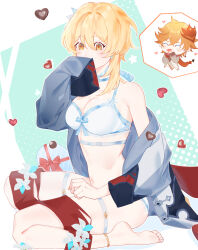 Rule 34 | 1boy, 1girl, ^ ^, alternate costume, ankle ring, barefoot, blonde hair, blood, blue bra, blue panties, blush, borrowed clothes, bra, breasts, candy, chocolate, chocolate heart, choker, clenched hand, closed eyes, covering own mouth, earrings, excessive nosebleed, flower, food, frilled bra, frilled panties, frills, genshin impact, green background, grey jacket, hair between eyes, hair flower, hair ornament, heart, highres, jacket, jewelry, lumine (genshin impact), mask, mask on head, medium breasts, navel, nosebleed, orange hair, orange nails, panties, red mask, red scarf, ribbon bra, ribbon choker, scarf, short hair with long locks, sidelocks, single earring, sitting, solo focus, spoken character, stomach, tartaglia (genshin impact), thigh strap, underwear, wariza, white background, white flower, yaner 10, yellow eyes