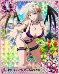 Rule 34 | 1girl, bikini, blue bow, bow, bracelet, braid, breasts, card (medium), chess piece, cleavage, demon wings, female focus, flower, grayfia lucifuge, grey eyes, grey hair, hair bow, hair flower, hair ornament, high school dxd, jewelry, large breasts, long hair, looking at viewer, maid headdress, matching hair/eyes, mature female, navel, official art, open mouth, queen (chess), smile, solo, standing, swimsuit, twin braids, wings