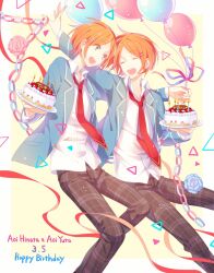 Rule 34 | 2boys, :d, ^ ^, aoi hinata, aoi yuta, arm up, balloon, birthday cake, blazer, blue flower, blue jacket, blue rose, border, brothers, brown pants, cake, candle, character name, closed eyes, collared shirt, commentary request, confetti, dated, dress shirt, ensemble stars!, feet out of frame, flower, food, green eyes, hair ornament, hairclip, happy birthday, highres, holding, holding tray, jacket, kina (446964), lapels, long sleeves, looking at another, male focus, multiple boys, necktie, open clothes, open jacket, open mouth, orange hair, outside border, pants, paper chain, parted bangs, pink flower, pink rose, plaid, plaid pants, red necktie, red ribbon, ribbon, rose, shirt, short hair, siblings, simple background, smile, swept bangs, teeth, tray, triangle, twins, upper teeth only, white border, white shirt, wing collar, yellow background