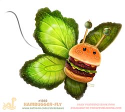 Rule 34 | 2018, artist name, black eyes, bug, butterfly, closed mouth, english text, engrish text, flying, food, food focus, burger, bug, olive, original, piper thibodeau, ranguage, salad, simple background, smile, solo, toothpick, watermark, web address, white background