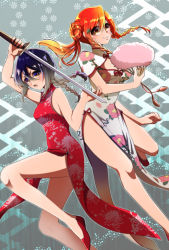 Rule 34 | 2girls, arm up, bad id, bad pixiv id, bleach, blue hair, braid, breasts, brown eyes, china dress, chinese clothes, cleavage, cleavage cutout, clothing cutout, dress, floating hair, gradient hair, hair between eyes, hand fan, high heels, holding, holding fan, holding sword, holding weapon, inoue orihime, kuchiki rukia, long hair, looking at viewer, medium breasts, multicolored hair, multiple girls, open mouth, orange hair, pumps, red dress, red footwear, sleeveless, sleeveless dress, smile, stance, sword, twin braids, two-tone hair, umi (pixiv6861961), weapon, white dress
