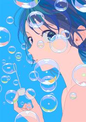 Rule 34 | 1girl, bare arms, bare shoulders, blue background, blue eyes, blue hair, blue theme, bubble, blowing bubbles, bubble wand, dated commentary, expressionless, highres, holding, looking at viewer, looking to the side, original, parted lips, qqmng, short hair, sideways glance, simple background, soap bubbles, solo, upper body