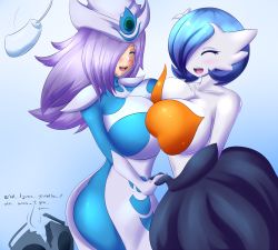 Rule 34 | 2girls, alternate color, blue hair, blush, boombox, breast press, breasts, closed eyes, creatures (company), game freak, gardevoir, gen 3 pokemon, gradient background, happy, highres, huge breasts, jcdr, lucy (jcdr), mega gardevoir, mega pokemon, multiple girls, nintendo, pokemon, pokemon (creature), purple hair, shiny pokemon, silent magician, simple background, smile, symmetrical docking, text focus, yu-gi-oh!