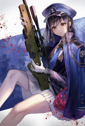 Rule 34 | 1girl, absurdres, ai arctic warfare, black hair, blue coat, blue hat, blue jacket, blue necktie, bolt action, coat, collared shirt, commentary request, commission, diesel (nikke), earrings, gloves, goddess of victory: nikke, gun, hat, highres, holding, holding gun, holding weapon, jacket, jewelry, ken shiro, long hair, looking at viewer, military, military hat, military uniform, necktie, off shoulder, petals, pleated skirt, rifle, shirt, sitting, skirt, sniper rifle, solo, triangle earrings, uniform, weapon, white gloves, white shirt, white skirt