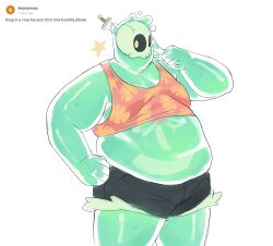 Rule 34 | &quot;, 1boy, adapted costume, bara, big belly, colored skin, cowboy shot, doug (monster prom), fat, fat man, green skin, highres, looking to the side, male focus, monster boy, monster prom, nifast (greentail), object through head, orange tank top, see-through, short shorts, shorts, slime boy, solo, standing, sword in head, tank top, tareme
