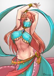 Rule 34 | 1girl, arabian clothes, armpits, arms up, artist name, bandeau, belly dance, belly dancer, bracelet, breasts, cleavage, commentary, commission, curvy, dancer, derivative work, english commentary, finalcake, gerudo set (zelda), grey background, hair between eyes, hair ornament, hairclip, halterneck, harem outfit, highres, jewelry, lamia, large breasts, long hair, looking at viewer, midriff, miia (monster musume), monster girl, monster musume no iru nichijou, mouth veil, navel, necklace, nintendo, parted lips, pelvic curtain, pointy ears, red hair, scales, simple background, sketch, slit pupils, solo, tail, the legend of zelda, the legend of zelda: breath of the wild, veil, very long hair, yellow eyes