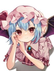 Rule 34 | 1girl, ascot, bat wings, blue hair, brooch, dress, foreshortening, hat, head rest, highres, jewelry, mob cap, pink dress, red ascot, remilia scarlet, short sleeves, simple background, solo, touhou, white background, wings, yuineko