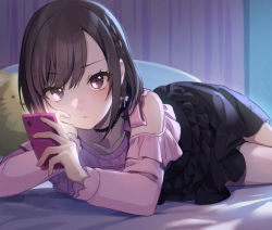 Rule 34 | 1girl, akabino, black skirt, blouse, braid, brown eyes, brown hair, cellphone, closed mouth, clothing cutout, head rest, holding, holding phone, looking at viewer, lying, on back, on stomach, phone, pink shirt, project sekai, shinonome ena, shirt, short hair, shoulder cutout, side braid, skirt, smartphone, solo, swept bangs, twisted torso