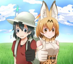 Rule 34 | 10s, 2girls, animal ears, as long as they&#039;re happy (meme), backpack, bag, bare shoulders, belt, black eyes, black gloves, black hair, blush, bow, bowtie, breasts, bucket hat, closed mouth, collarbone, elbow gloves, flat chest, gloves, hat, highres, kaban (kemono friends), kemono friends, looking at viewer, medium breasts, meme, multiple girls, orange bow, orange bowtie, orange eyes, orange hair, orange skirt, parted lips, red shirt, saibara (flash-dyna-1994), serval (kemono friends), shirt, short hair, skirt, smile, thumbs up, upper body, white gloves