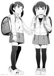 Rule 34 | 1girl, backpack, bag, charm (object), full body, greyscale, hair bobbles, hair ornament, hiyori mizuki, jacket, looking at viewer, monochrome, multiple views, original, paid reward available, parted lips, randoseru, shoes, short hair, skirt, smile, sneakers, thighhighs, twintails, zettai ryouiki