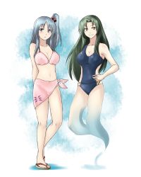 Rule 34 | 2girls, bikini, blue eyes, breasts, cleavage, female focus, green eyes, green hair, grey hair, hair bobbles, hair ornament, highres, large breasts, long hair, mima (touhou), multiple girls, mystic square, one-piece swimsuit, reon (pixiv), reon (saikyou), sandals, shinki (touhou), side ponytail, swimsuit, touhou, touhou (pc-98)