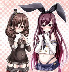 Rule 34 | 10s, 2girls, :o, amatsukaze (kancolle), amatsukaze (kancolle) (cosplay), bikini, black headwear, black neckerchief, black ribbon, blue skirt, blush, brown hair, brown shirt, buttons, chestnut mouth, cosplay, drill hair, elbow gloves, eyebrows, garter straps, gloves, hair ribbon, hairband, halftone, halftone background, harukaze (kancolle), hat, kamikaze (kancolle), kantai collection, long hair, long sleeves, looking at viewer, mini hat, miniskirt, multiple girls, navel, neckerchief, open mouth, own hands together, pleated skirt, purple eyes, purple hair, red eyes, revision, ribbon, school uniform, see-through, serafuku, shimakaze (kancolle), shimakaze (kancolle) (cosplay), shirt, single glove, skirt, sleeve cuffs, sleeveless, sleeveless shirt, sparkle, standing, stomach, swimsuit, thigh strap, thong bikini, tk8d32, twin drills, twintails, very long hair, white gloves, white shirt