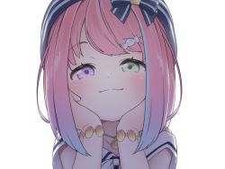 Rule 34 | bow, green eyes, hair ornament, hands on own face, hat, highres, himemori luna, himemori luna (sundress), hololive, looking at viewer, meru corone, multicolored eyes, pink eyes, pink hair, smug, solo, virtual youtuber, white background