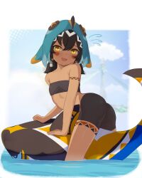 1girl amina_(genshin_impact) animal_hood ass bad_tag bare_shoulders bike_shorts black_hair black_shorts blush breasts dark_skin flying_sweatdrops genshin_impact highres hood looking_at_viewer mockingeu open_mouth orange_eyes shark shark_hood short_hair short_shorts shorts smile solo water