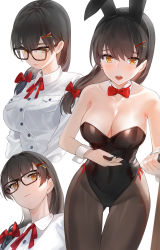 Rule 34 | 1girl, :o, animal ears, bare arms, bare shoulders, black-framed eyewear, black hair, black leotard, black pantyhose, blush, bow, breasts, cleavage, collarbone, collared shirt, commentary request, fake animal ears, glasses, hair bow, hair ornament, hair over shoulder, highres, kfr, large breasts, leotard, long hair, long sleeves, looking at viewer, mole, mole under eye, multiple views, neck ribbon, open mouth, orange eyes, original, pantyhose, playboy bunny, rabbit ears, red bow, red ribbon, ribbon, shirt, simple background, strapless, strapless leotard, teeth, thigh gap, upper teeth only, white background, white shirt, wing collar, wrist cuffs, x hair ornament