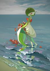 Rule 34 | 1girl, absurdres, beach, bob cut, clothes lift, colored skin, creatures (company), dress, dress lift, flower, game freak, gardevoir, gen 3 pokemon, highres, lifted by self, nintendo, no humans, ocean, outdoors, overcast, petals, pokemon, pokemon (creature), red eyes, reflection, sideways glance, sky, solo, two pokemon, wading, water, white skin