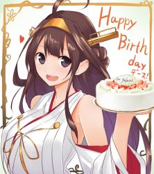 Rule 34 | 10s, 1girl, :d, agarwood, ahoge, armpit peek, bare shoulders, birthday cake, black eyes, breasts, brown hair, cake, detached sleeves, double bun, food, hairband, happy birthday, headgear, heart, holding, holding tray, japanese clothes, kantai collection, kongou (kancolle), large breasts, long hair, long sleeves, looking at viewer, nontraditional miko, open mouth, ribbon-trimmed sleeves, ribbon trim, sidelocks, smile, solo, tray, upper body, wide sleeves