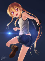 Rule 34 | 1girl, bad id, bad pixiv id, blonde hair, cz 75, dreadtie, fang, gun, handgun, highres, holding, holding gun, holding weapon, jessica jefferson, long hair, original, pistol, ponytail, red eyes, revision, shorts, solo, trigger discipline, very long hair, weapon