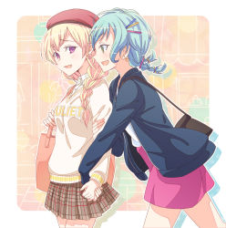 Rule 34 | 2girls, :d, alternate hairstyle, aqua hair, bag, bang dream!, beret, black jacket, blonde hair, braid, brown skirt, clothes writing, collared shirt, drop shadow, e20, earrings, from side, green eyes, hair ornament, hair over one eye, hairpin, hat, hikawa hina, holding hands, holding strap, jacket, jewelry, long sleeves, looking at another, miniskirt, multiple girls, open mouth, outline, outside border, pink skirt, plaid, plaid skirt, pleated skirt, purple eyes, red hat, shirasagi chisato, shirt, shoulder bag, single braid, skirt, smile, twin braids, white outline, white shirt