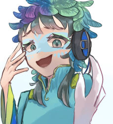 Rule 34 | 1other, androgynous, blue eyes, dress, facepaint, facial mark, feathers, forehead mark, gnosia, green hair, headphones, highres, long hair, long sleeves, looking at viewer, makeup, mikoto. (mikoton 1123), other focus, painting (medium), raqio, simple background, solo, tattoo, traditional media, upper body, watercolor (medium)