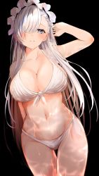 Rule 34 | 1girl, absurdres, arm behind back, azur lane, belfast (azur lane), bikini, black background, blue eyes, blush, breasts, cleavage, closed mouth, collarbone, front-tie bikini top, front-tie top, hair over eyes, hair over one eye, hand in own hair, hand on back, hand up, highres, large breasts, long hair, looking at viewer, maid headdress, navel, raru (nanaharararu), silver hair, simple background, smile, solo, standing, swimsuit, thigh gap, very long hair, white bikini