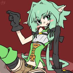 Rule 34 | 1girl, arched back, arm support, blush, flat chest, gloves, goblin slayer!, green eyes, green hair, high elf archer (goblin slayer!), looking at viewer, pointy ears, red background, shorts, simple background, smile, spoken blush, the amboina