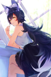 Rule 34 | 1girl, animal ear fluff, animal ears, bare arms, bare shoulders, black hair, black skirt, breasts, cake, cake slice, crossed legs, dutch angle, eating, eyelashes, food, from behind, from side, grey hair, hair ornament, hairclip, high-waist skirt, highres, hololive, indoors, long hair, looking at viewer, low ponytail, medium breasts, multicolored hair, on stool, ookami mio, ookami mio (street), red hair, shirt, sitting, skirt, sleeveless, sleeveless shirt, slit pupils, solo, spiked hair, streaked hair, tail, tail around own leg, tail wrap, very long hair, virtual youtuber, white shirt, wide ponytail, wolf ears, wolf girl, wolf tail, yellow eyes, yuu201023