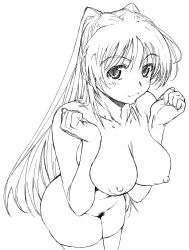 Rule 34 | 1girl, breasts, breasts squeezed together, collarbone, female pubic hair, greyscale, kousaka tamaki, large breasts, leaning forward, lineart, long hair, looking at viewer, monochrome, nipples, nude, pubic hair, sketch, smile, solo, thighhighs, to heart (series), to heart 2, yamaguchi homupe