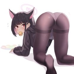 Rule 34 | 1girl, absurdres, all fours, animal ears, ass, ass focus, black hair, black hoodie, black pantyhose, blue archive, cat ears, colored inner hair, commentary, english commentary, food, food in mouth, hair ornament, hairclip, halo, highres, hood, hoodie, kazusa (blue archive), kneepits, long sleeves, looking at viewer, looking back, macaron, multicolored hair, panties, panties under pantyhose, pantyhose, pink hair, pink halo, red eyes, short hair, simple background, skirt, soles, solo, thighband pantyhose, underwear, vanillafox2035, white background, white panties, white skirt