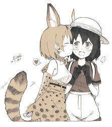 Rule 34 | 10s, 2girls, ^^^, absurdres, animal ears, backpack, bad id, bad pixiv id, bag, blush, bow, bowtie, bucket hat, elbow gloves, enk 0822, gloves, hat, hat feather, highres, kaban (kemono friends), kemono friends, kiss, kissing cheek, multiple girls, serval (kemono friends), serval print, serval tail, shirt, sleeveless, sleeveless shirt, striped tail, tail, yuri