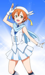 Rule 34 | 10s, 1girl, breasts, fingerless gloves, gloves, hoshizora rin, kidachi, looking at viewer, love live!, love live! school idol project, open mouth, orange hair, short hair, small breasts, smile, solo, wonderful rush