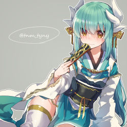 Rule 34 | 1girl, aqua hair, bad id, bad tumblr id, blush, commentary request, dragon horns, fate/grand order, fate (series), folding fan, groin, hand fan, horns, ikeuchi tanuma, japanese clothes, kimono, kiyohime (fate), long hair, long sleeves, looking at viewer, obi, pelvic curtain, sash, smile, solo, thighhighs, twitter username, white thighhighs, wide sleeves, yellow eyes