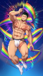 Rule 34 | 1boy, abs, absurdres, arm tattoo, bara, biceps, black hair, chest tattoo, facial hair, flag, flying, gyee, highres, large pectorals, leg tattoo, lgbt pride, light rays, looking at viewer, male focus, male underwear, manly, mature male, muscular, muscular male, navel, nipples, pectorals, priapus a. tarou, rainbow, rainbow flag, short hair, shoulder tattoo, sky, smile, socks, solo, spiked hair, stomach tattoo, stubble, tattoo, teeth, thick arms, thick eyebrows, thick thighs, thighs, underwear, yzpyn