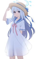 Rule 34 | 1girl, alternate costume, arm behind back, blue archive, blue ribbon, blue sailor collar, brown hat, child (isoliya), closed mouth, commentary, dress, grey hair, halo, hand on headwear, hat, hat ribbon, highres, long hair, looking at viewer, miyako (blue archive), pink ribbon, purple eyes, ribbon, sailor collar, sailor dress, short sleeves, simple background, solo, symbol-only commentary, very long hair, white background, white dress