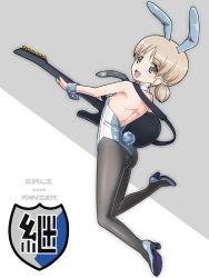 Rule 34 | 10s, 1girl, adapted costume, aki (girls und panzer), animal ears, ass, bare shoulders, black pantyhose, blonde hair, bow, bowtie, breasts, copyright name, detached collar, electric guitar, emblem, fake animal ears, full body, girls und panzer, green eyes, guitar, high heels, highres, instrument, iwahana, jumping, keizoku (emblem), leotard, open mouth, pantyhose, playboy bunny, rabbit ears, rabbit tail, short hair, short twintails, small breasts, smile, solo, tail, twintails, wrist cuffs