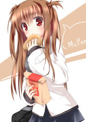 Rule 34 | 1girl, bag, blush, borrowed character, brown hair, coat, eating, food, hisae (hisae collect), long hair, looking at viewer, mcdonald&#039;s, original, paper bag, product placement, red eyes, sandwich, skirt, solo, tororo inniina, twintails, two side up