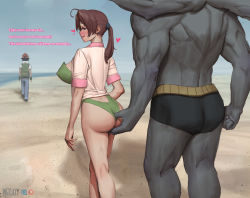 Rule 34 | 1girl, 2boys, ash ketchum, ass, ass grab, beach, blush, breasts, creatures (company), delia ketchum, english text, game freak, gen 1 pokemon, green one-piece swimsuit, hat, heart, highres, imminent penetration, large breasts, looking at another, machamp, mature female, mother and son, motherly netorare, multiple boys, naughty face, nintendo, ocean, one-piece swimsuit, outdoors, pokemon, pokemon (anime), pokemon (classic anime), pokemon (creature), pokemon ep018, stealth fingering, swimsuit, walking, wjs07