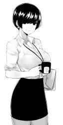 Rule 34 | 1girl, absurdres, black hair, black skirt, bra visible through clothes, breasts, collared shirt, cowboy shot, cup, earrings, greyscale, hair over one eye, highres, holding mug, id card, jewelry, large breasts, looking at viewer, miniskirt, monochrome, mug, name tag, norman maggot, office lady, olive laurentia, original, pixie cut, see-through, shirt, shirt tucked in, short hair, simple background, skirt, sleeves rolled up, smile, solo, standing, white background, white shirt
