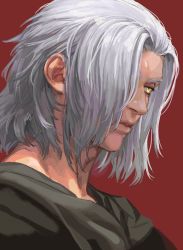 Rule 34 | 1boy, adam&#039;s apple, big mogong, commentary request, emet-selch, final fantasy, final fantasy xiv, from side, frown, glowing, glowing eye, grey hair, hair over one eye, korean commentary, looking ahead, male focus, one eye covered, portrait, realistic, red background, short hair, signature, simple background, solo, square enix, v-shaped eyebrows, yellow eyes